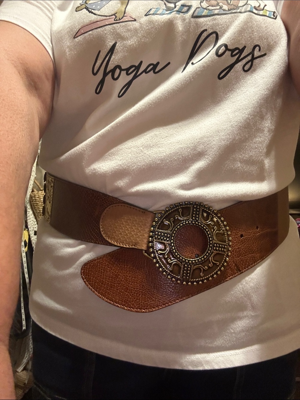 Chico's Wide Brown Leather Belt with Ornate Circular Buckle